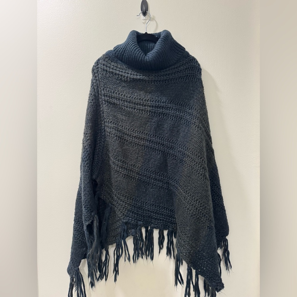 Anthropologie Acrylic Turtle Neck Fringe Knit Poncho